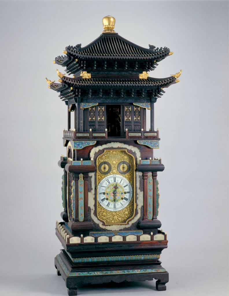 图片[1]-Red sandalwood inlaid with enamel Double eaves Pavilion clock-China Archive